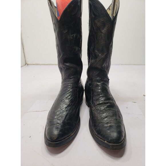 Justin Men’s J6657 Size 10D Black Almond Toe Ostrich Leg Pull Up Cowboy Boots